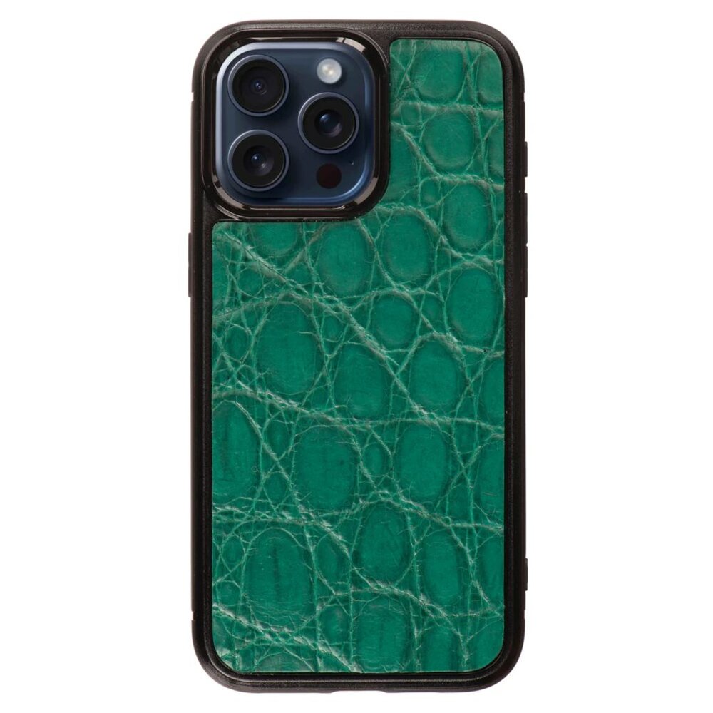 Designer iPhone 15 Pro/Pro Max Case - Handmade Alligator Leather - Teal Green